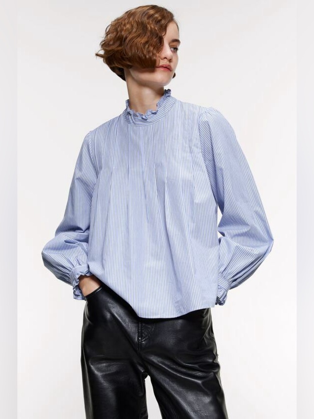 ZARA | Blue White Striped Ruffled Poplin Shirt Blouse